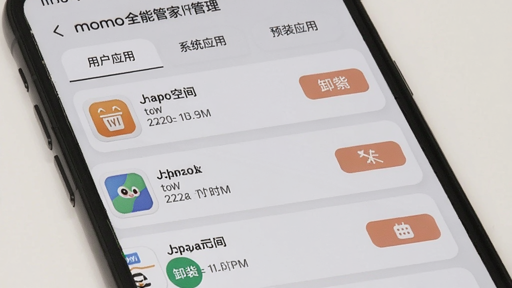 momo全能管家 的应用管理界面,手机屏幕展示应用列表,每个应用显示图标、名称、占用空间大小和安装时间,部分应用旁有卸载和禁用按钮,界面顶部有分类标签如用户应用、系统应用、预装应用,背景为浅灰色,卡片式布局,风格简洁商务,画质清晰,无多余元素