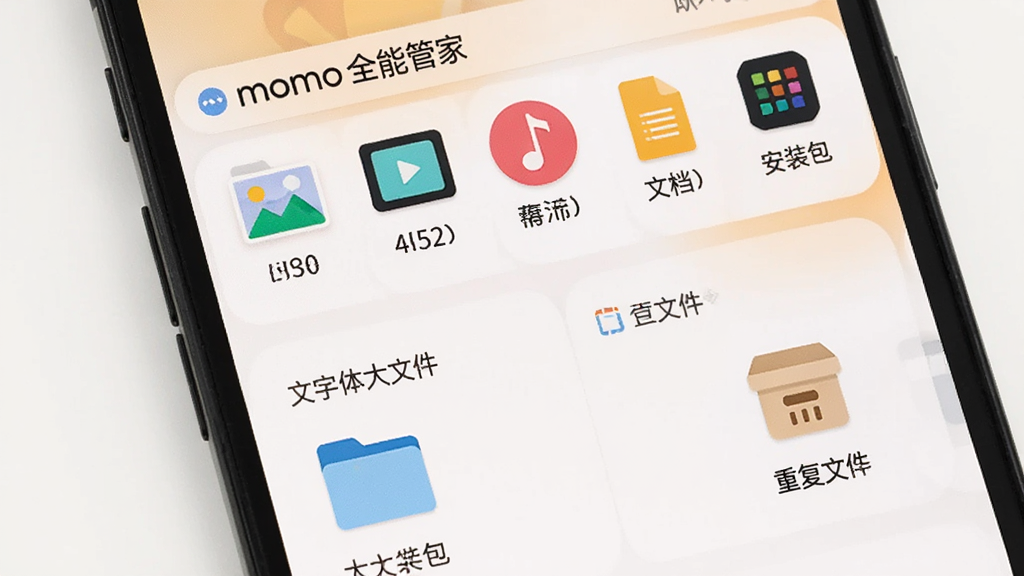 momo全能管家 的文件整理界面,手机屏幕显示文件分类视图,包括图片、视频、音频、文档、安装包等类别及对应数量,下方列出大文件和重复文件,画面中有文件夹和整理箱的扁平图标,背景为白色到浅橙色渐变,风格温馨清爽,画质清晰,无多余元素