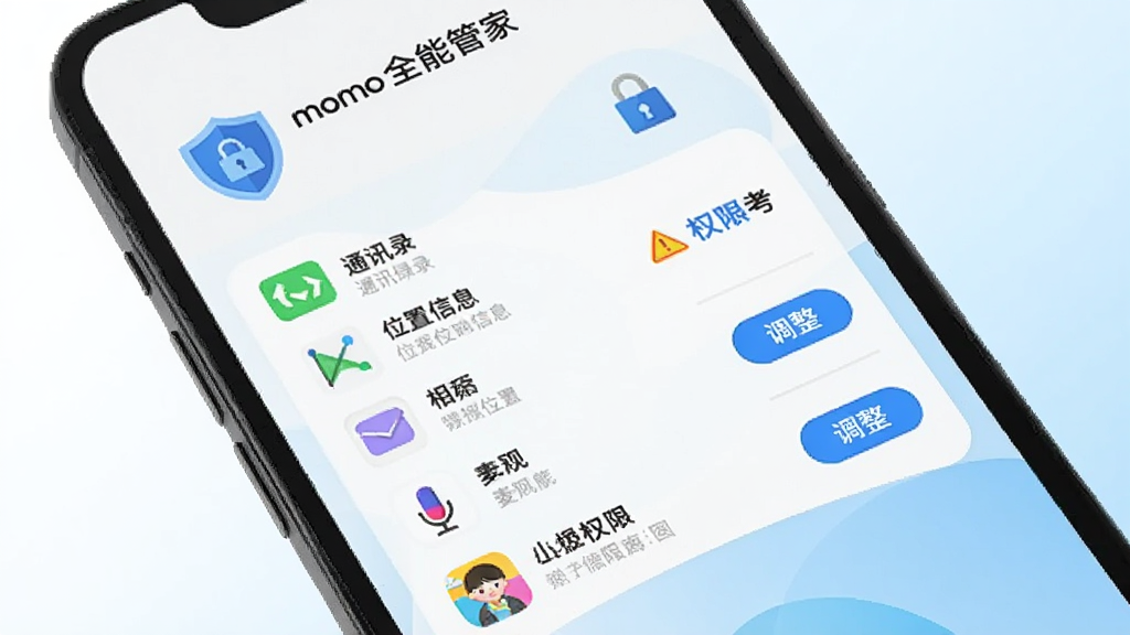 momo全能管家 的隐私保护界面,手机屏幕显示权限检测结果,列出通讯录、位置信息、相册、麦克风等敏感权限及对应应用,部分权限旁有警告图标和调整按钮,画面中有盾牌和锁的扁平图标,背景为白色到浅蓝色渐变,风格清新安全,画质清晰,无多余元素