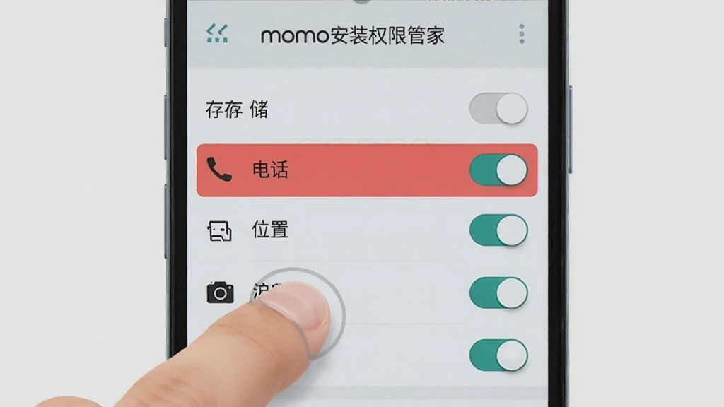 momo全能管家 在安卓手机上的安装权限设置界面示意图,手机屏幕显示应用权限管理页面,列出存储、电话、位置、相机等权限及开关状态,存储权限旁有红色高亮标记,画面中有手指点击屏幕的示意,背景为浅灰色,风格清晰直观,画质清晰,无多余元素