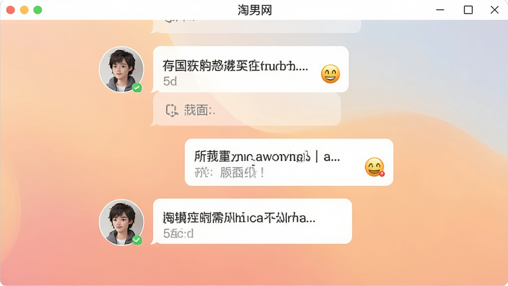 一张展示淘男网桌面聊天界面的图片,画面中有两个人物头像,中间是聊天气泡,气泡内有文字和表情符号,背景是柔和的渐变色彩,风格温馨,画质清晰,干净,无多余元素