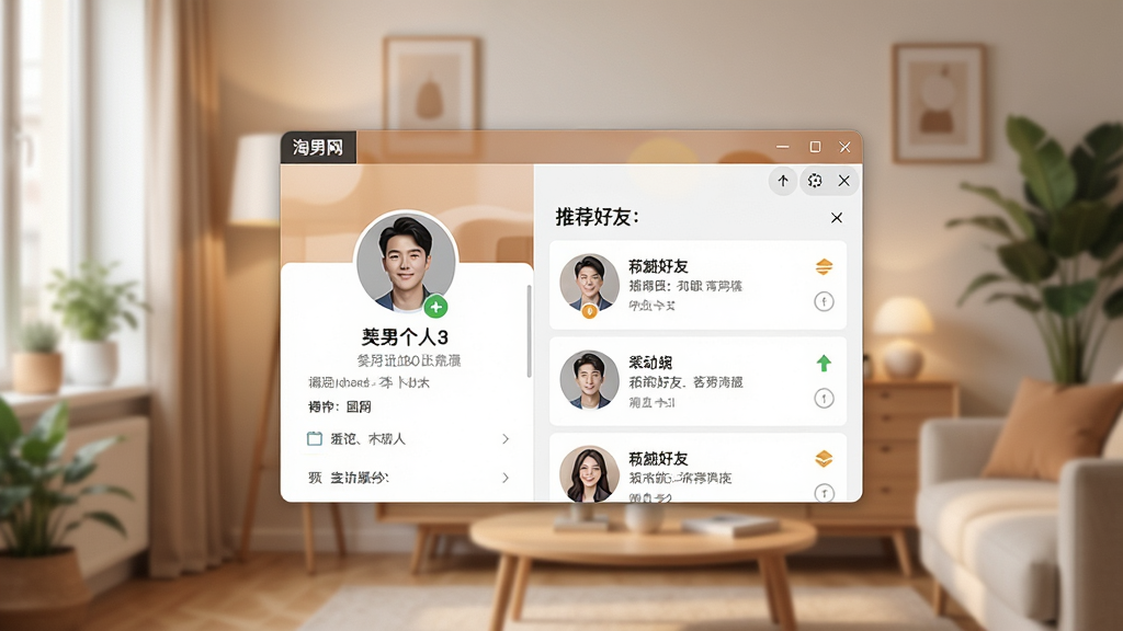 一张展示淘男网桌面软件主界面的图片,画面中央是软件窗口,窗口内显示用户个人主页和推荐好友列表,背景是温馨的室内环境,风格现代简约,画质清晰,干净,无多余元素