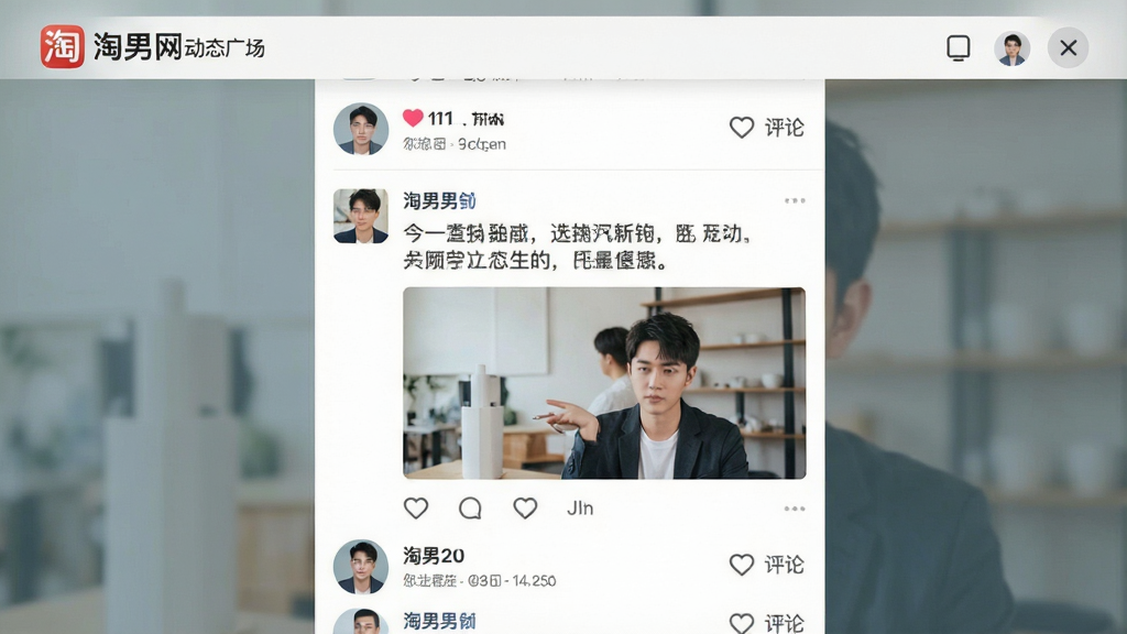 一张展示淘男网桌面动态广场的图片,画面中是一个类似朋友圈的信息流界面,有图片和文字内容,旁边有爱心和评论图标,风格清新,画质清晰,干净,无多余元素