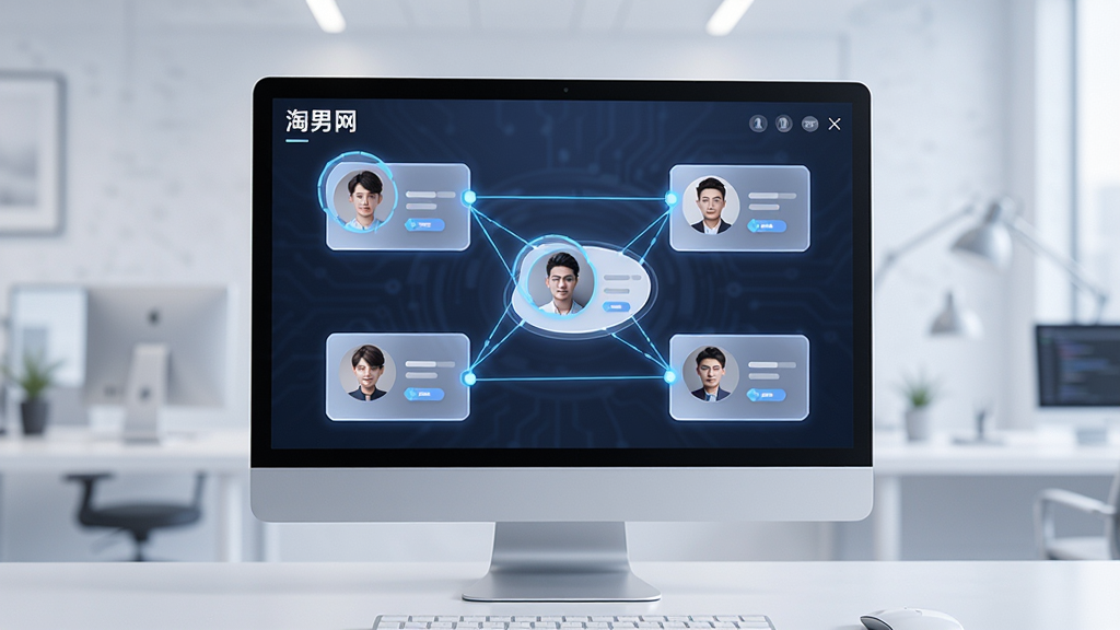 一张展示淘男网桌面智能推荐功能的图片,画面中有一个虚拟的电脑屏幕,屏幕上显示着多个用户头像卡片,卡片之间有连线表示匹配连接,风格科技感,画质清晰,干净,无多余元素