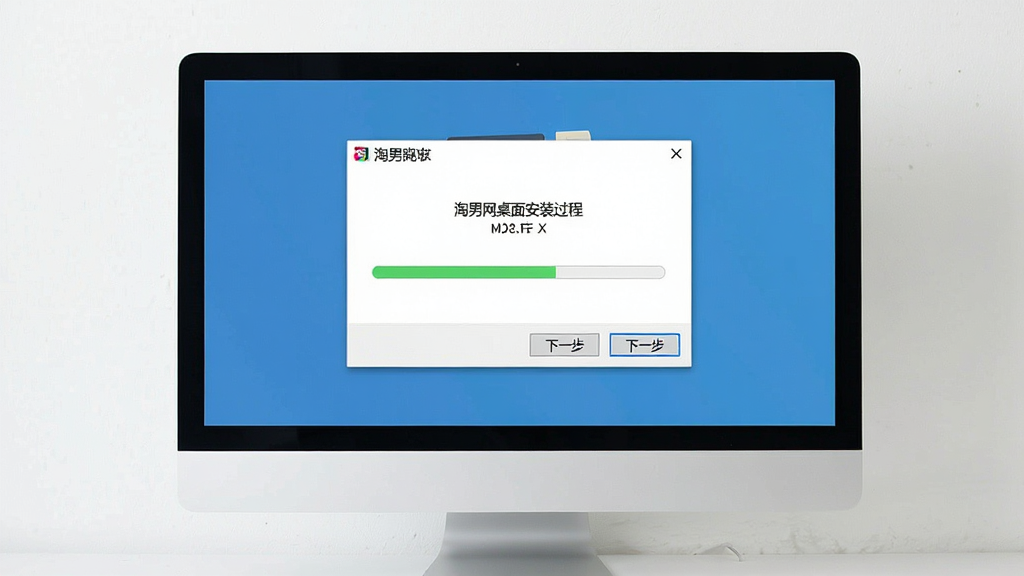 一张展示淘男网桌面安装过程的图片,画面中是一个电脑屏幕,屏幕上显示着安装向导窗口,有“下一步”按钮和进度条,风格简洁,画质清晰,干净,无多余元素