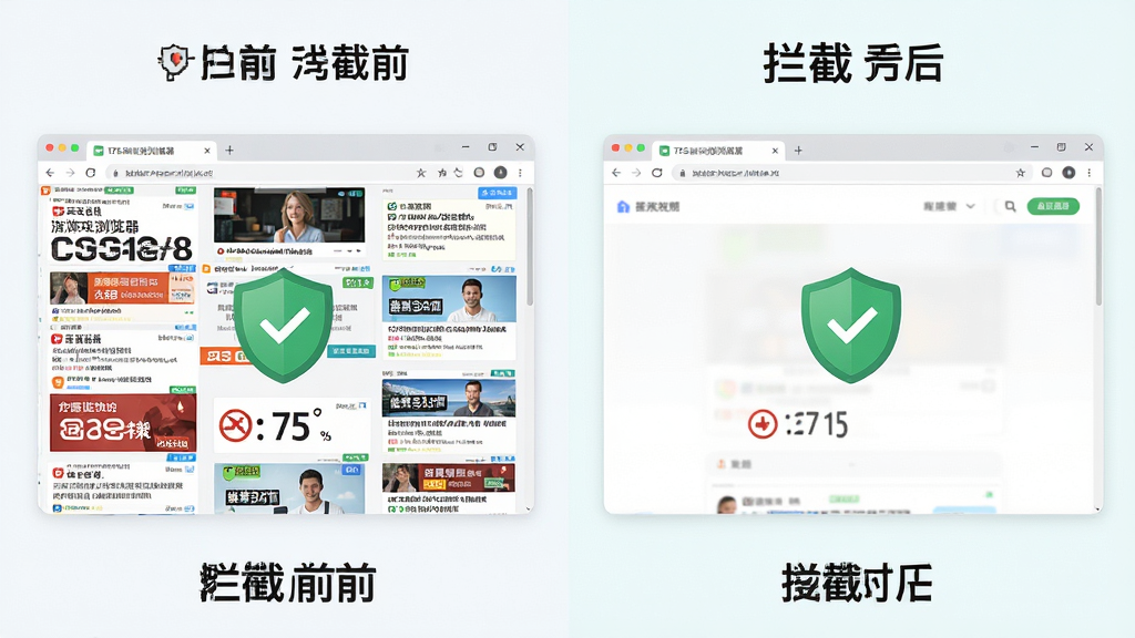 175游戏浏览器广告拦截功能对比图,主体为浏览器界面左侧显示拦截前广告满屏右侧显示拦截后清爽页面,布局为左右对比分屏,风格为清新浅色系,细节包含拦截计数图标与绿色盾牌标志,画质高清干净无多余元素