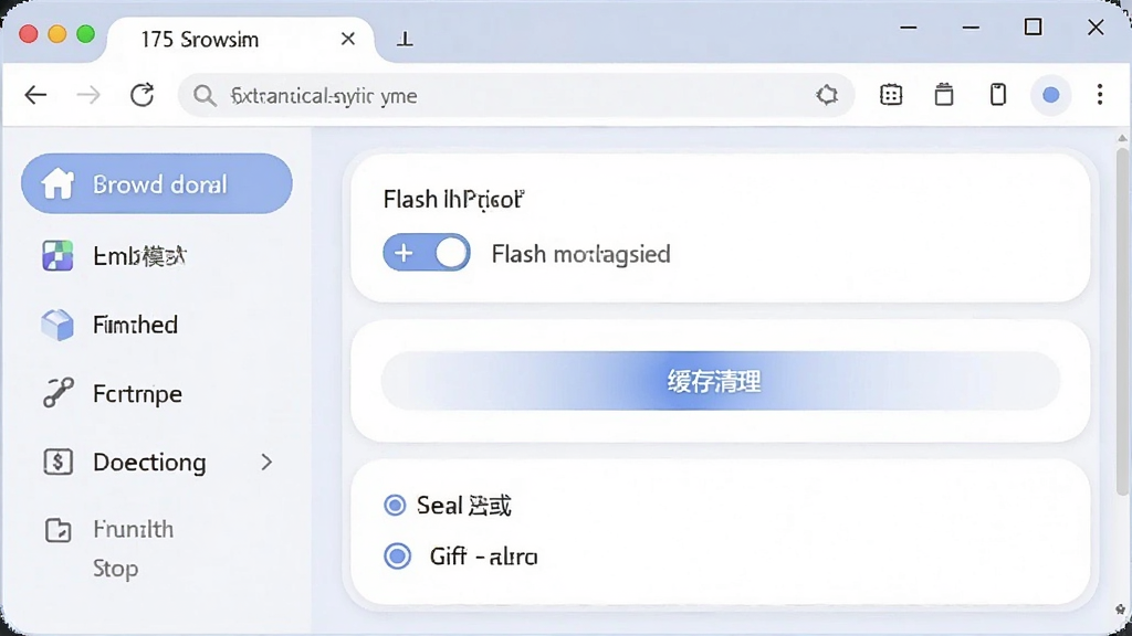 175游戏浏览器新手设置界面操作指引图,主体为浏览器设置中心页面,布局为左侧菜单栏右侧详细选项面板,风格为柔和圆角设计,细节包含Flash兼容模式开关、缓存清理按钮、硬件加速选项,画质高清干净无多余元素