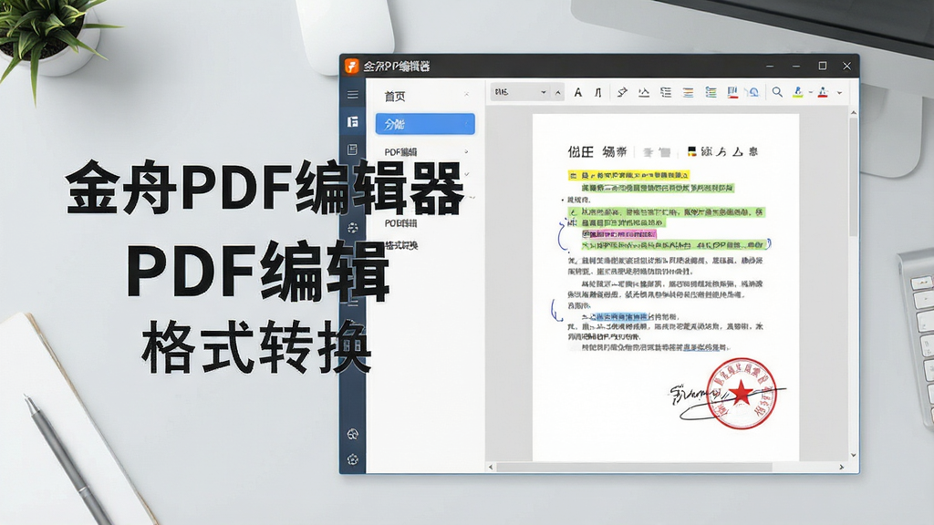 一张简洁的软件功能全貌展示图,画面中央是“金舟PDF编辑器”软件界面,左侧为功能导航栏,右侧为一份打开的PDF文档,文档上有高亮、批注和签章元素,背景为浅灰色办公桌面,风格干净商务,细节清晰,画质高清,画面中文字为“金舟PDF编辑器”“PDF编辑”“格式转换”,无多余装饰元素