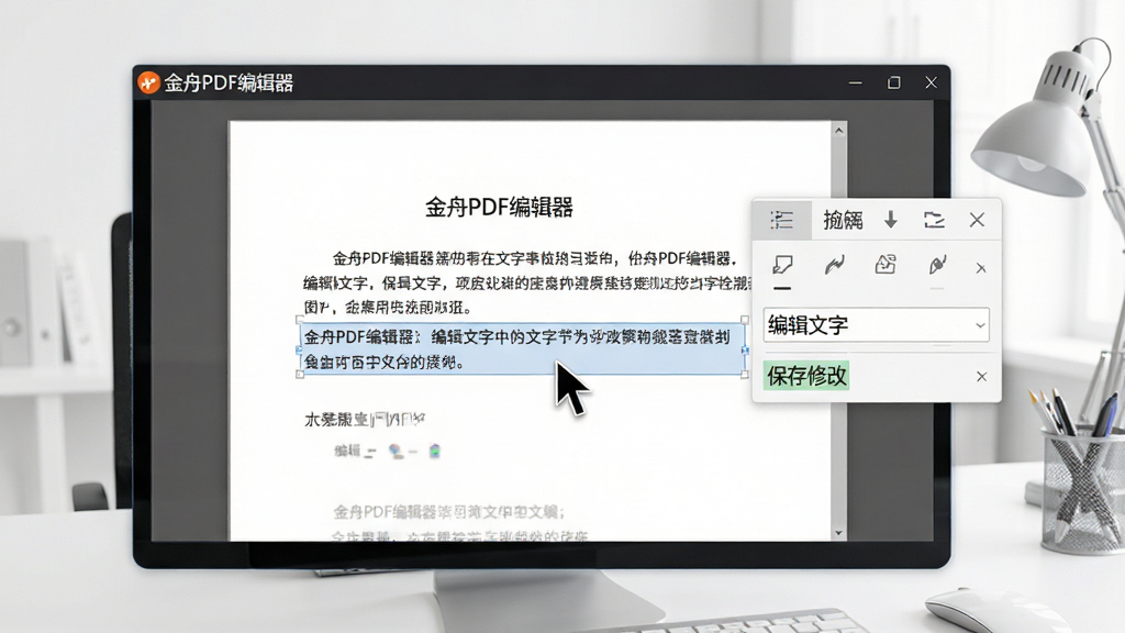 一张展示PDF文字编辑功能的图片,画面中“金舟PDF编辑器”软件窗口内有一份打开的合同文档,鼠标光标停留在一段被选中的文字上,旁边出现编辑工具栏,背景为白色办公环境,风格简洁专业,细节清晰,画质高清,画面中文字为“金舟PDF编辑器”“编辑文字”“保存修改”,干净无多余元素