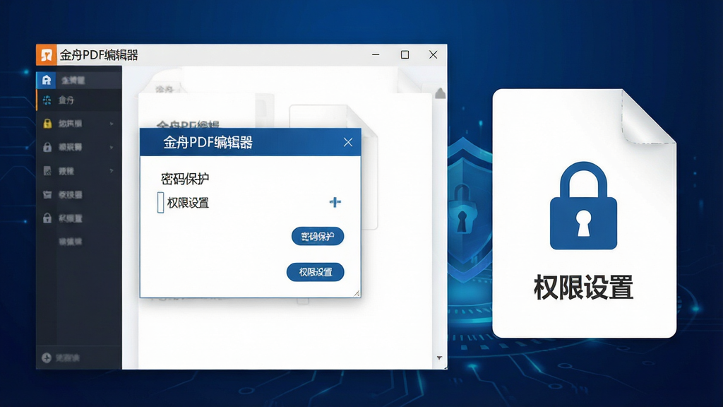 一张展示PDF安全加密功能的图片,画面中“金舟PDF编辑器”界面弹出密码设置窗口,旁边有一份带有锁形图标的PDF文件,背景为深蓝色科技感渐变,风格稳重安全,细节清晰,画质高清,画面中文字为“金舟PDF编辑器”“密码保护”“权限设置”,干净无多余元素
