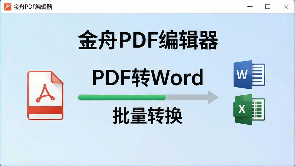 一张展示PDF格式转换功能的图片,画面中“金舟PDF编辑器”界面显示转换进度条,左侧是PDF文件图标,右侧是Word和Excel文件图标,中间有箭头连接,背景为浅蓝色渐变,风格现代清爽,细节清晰,画质高清,画面中文字为“金舟PDF编辑器”“PDF转Word”“批量转换”,干净无多余元素