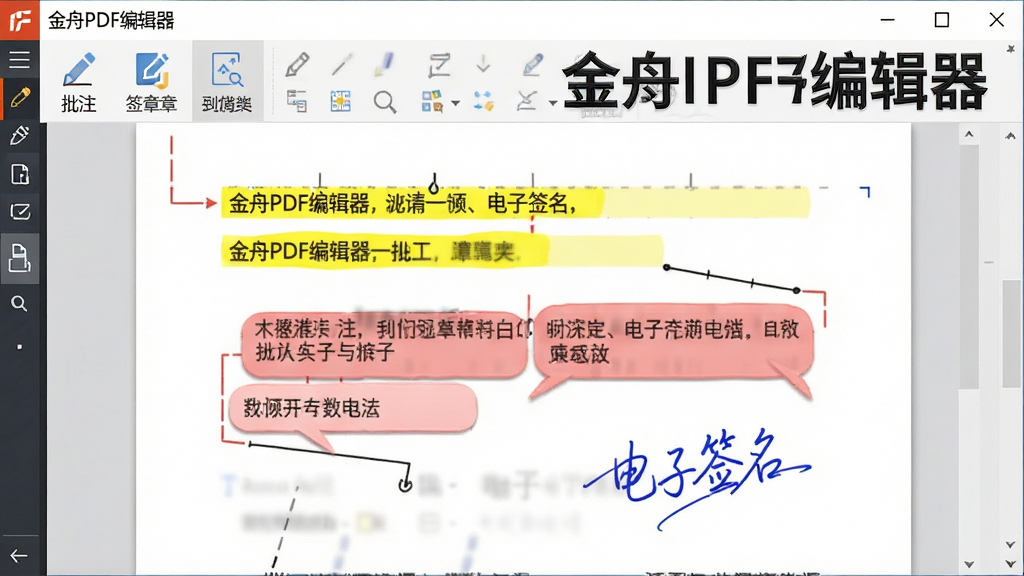 一张展示PDF批注与签章功能的图片,画面中“金舟PDF编辑器”软件内有一份打开的文档,文档上有黄色高亮、红色批注框和蓝色电子签名,工具栏显示批注和签章图标,背景为白色桌面,风格清晰直观,细节丰富,画质高清,画面中文字为“金舟PDF编辑器”“批注”“电子签名”,干净无多余元素