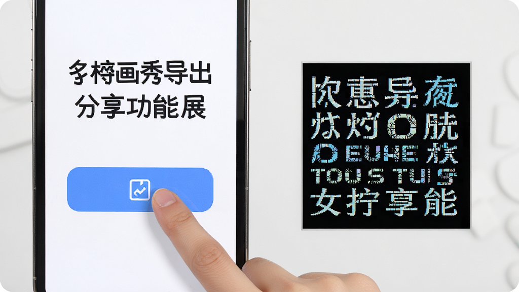 文字画秀导出分享功能展示,画面中一只手点击屏幕上的导出按钮,旁边显示生成的文字画图片,背景为手机界面,风格简洁,画质清晰