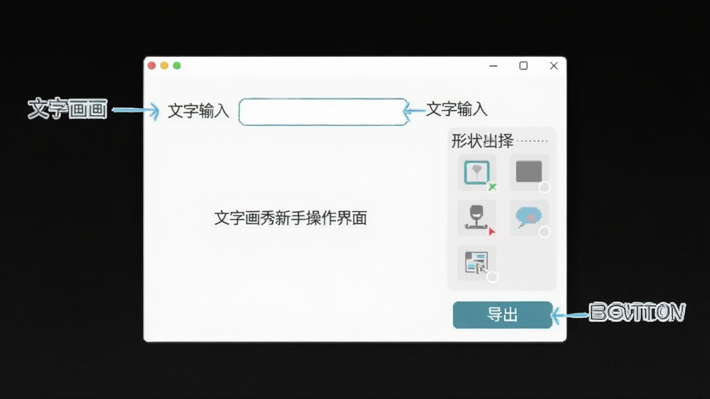 文字画秀新手操作界面截图,画面中显示软件主窗口,标注了文字输入框、形状选择区和导出按钮的位置,背景为干净的白色,风格简洁明了,画质清晰
