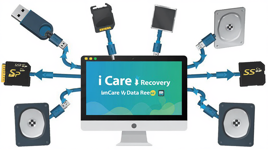 多种存储设备与iCare Data Recovery软件连接的示意图,主体为电脑屏幕与周围环绕的U盘、SD卡、移动硬盘,布局为放射状连接,排版活泼,风格扁平化插画,细节包含设备图标、数据线、恢复箭头,画质高清,干净,无多余元素