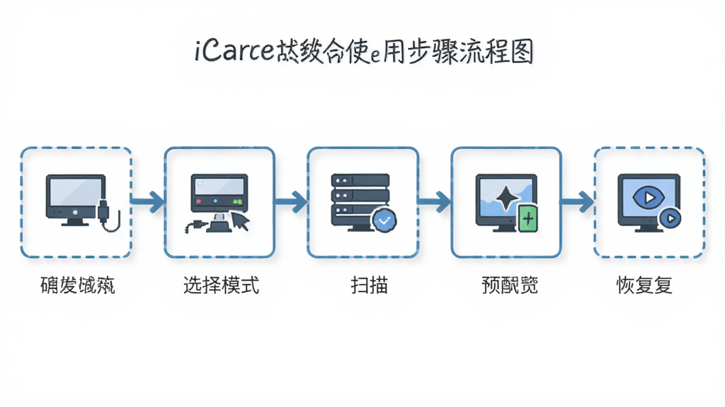 iCare Data Recovery 使用步骤流程图,主体为五步操作示意图,布局为横向时间轴排列,排版简洁,风格信息图,细节包含连接设备、选择模式、扫描、预览、恢复图标,画质高清,干净,无多余元素