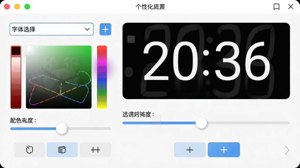 一张幂果桌面数字时钟个性化设置面板的界面图,画面中显示字体选择下拉框、颜色拾取器、透明度滑块、位置调整按钮等控件,时钟预览显示