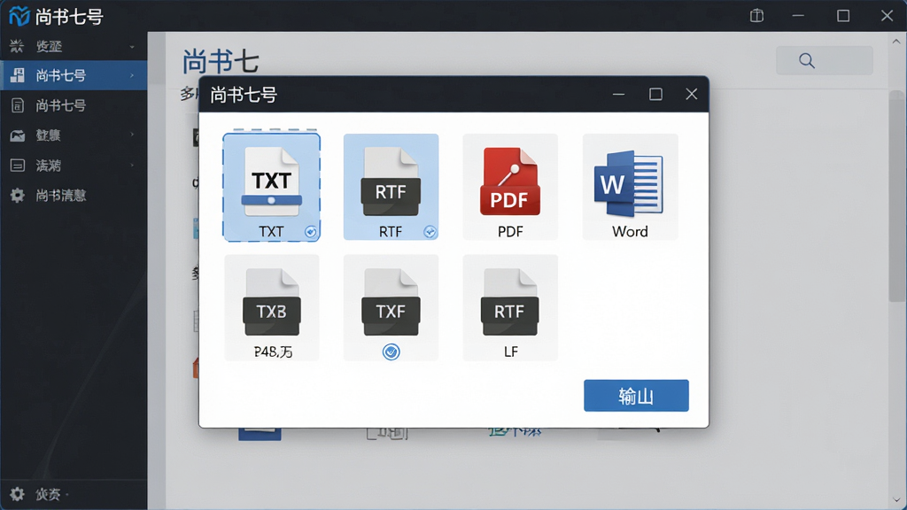一张展示尚书七号多格式文档输出功能的概念图,主体为尚书七号软件界面中弹出的导出格式选择窗口,布局为居中构图,排版展示TXT、RTF、PDF、Word等多种格式图标整齐排列,风格为简洁商务风,细节包括格式图标、选中高亮效果、导出按钮,画质为高清4K,画面干净整洁,无多余元素,图中文字为