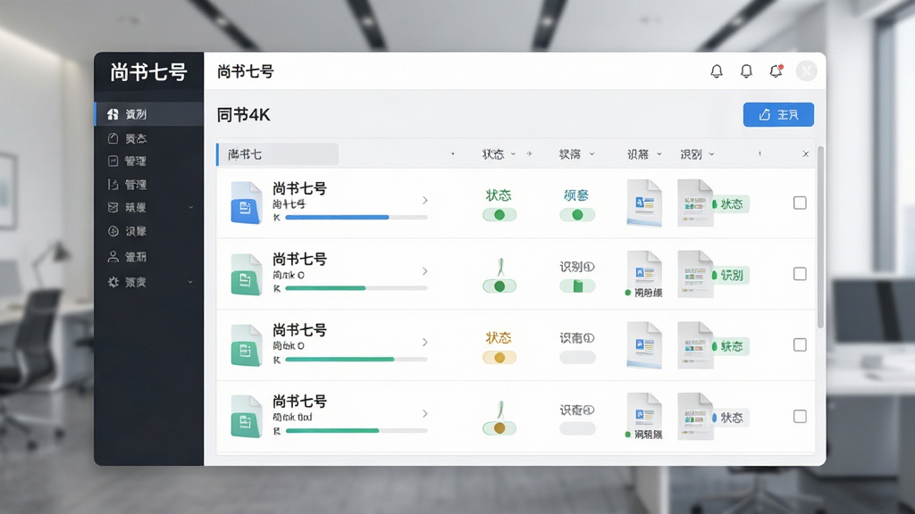 一张展示尚书七号批量处理功能的概念图,主体为尚书七号软件中的批量任务管理界面,布局为列表式构图,排版展示多个文件任务及其识别状态,风格为现代办公风,细节包括进度条、状态标签、文件缩略图,画质为高清4K,画面干净整洁,无多余元素,图中文字为