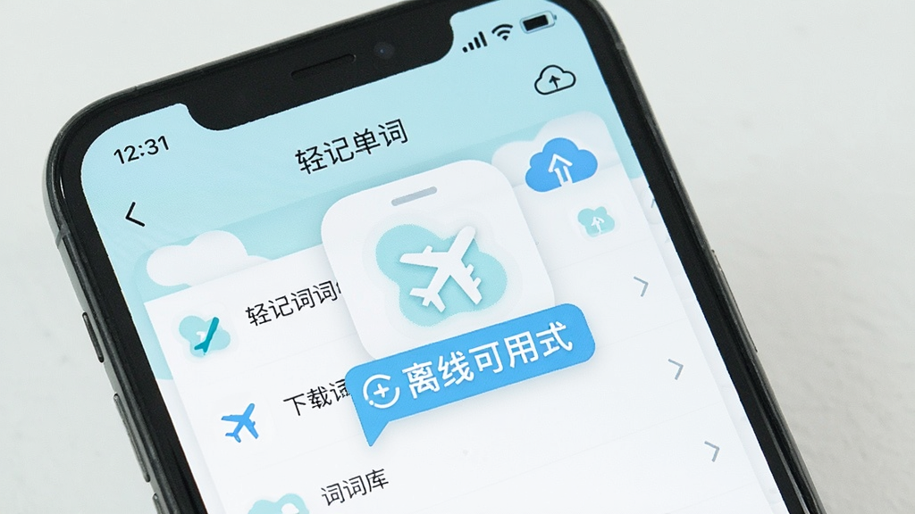 轻记单词离线模式场景图,主体为手机屏幕显示已下载词库列表与飞机图标,布局简洁,排版突出“离线可用”标识,风格为清新浅色系,细节包含“轻记单词”文字与云同步图标,画质清晰,干净,无多余元素