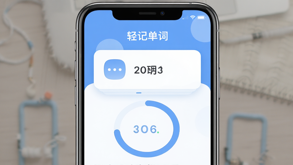轻记单词APP主界面展示,主体为手机屏幕内显示极简单词卡片与进度环,布局居中对称,排版清晰展示软件名称“轻记单词”,风格为现代扁平化UI设计,细节包含柔和的蓝白配色与圆角图标,画质高清,干净,无多余元素
