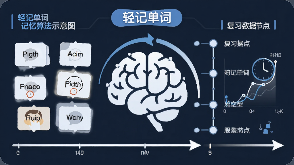 轻记单词记忆算法示意图,主体为大脑轮廓与时间轴箭头,布局左侧为单词卡片,右侧为复习时间节点,排版采用信息图表风格,细节包含“轻记单词”文字标识与数据曲线,画质清晰,干净,无多余元素