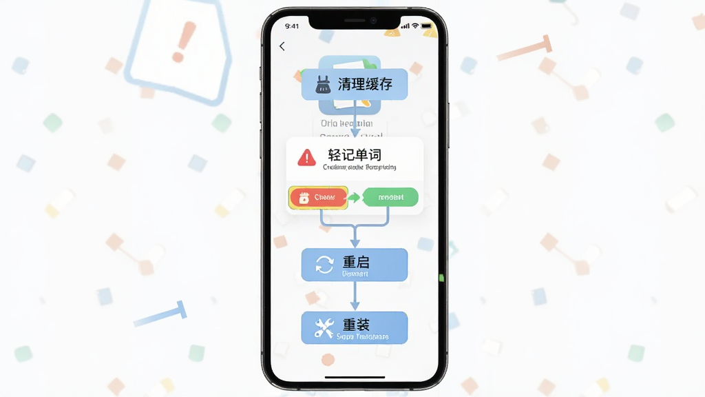 轻记单词常见问题解决流程图,主体为手机屏幕显示报错弹窗与解决步骤,布局为纵向流程图,排版清晰标注“清理缓存”“重启”“重装”等步骤,风格为信息图表,细节包含“轻记单词”文字与警告图标,画质高清,干净,无多余元素