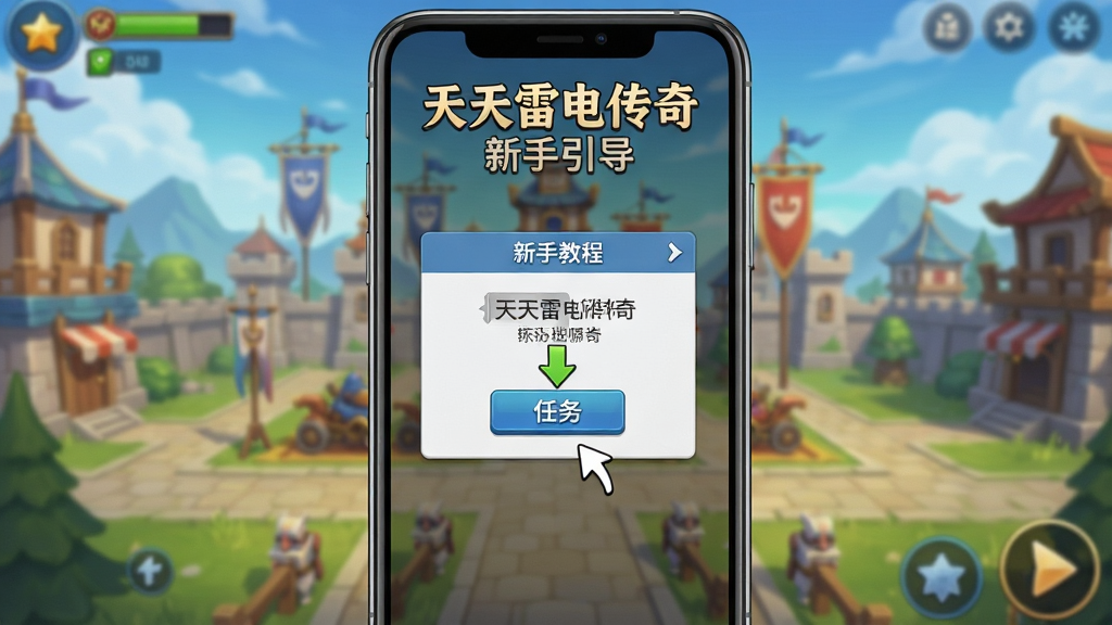 一张手机游戏新手引导界面的AI生图,主体是手机屏幕显示天天雷电传奇的新手教程弹窗,布局为竖屏居中,风格为简洁明快的UI设计,细节上有箭头指引点击任务按钮,背景是游戏主城场景,画质清晰,干净,无多余元素,画面中有“天天雷电传奇”新手引导字样。