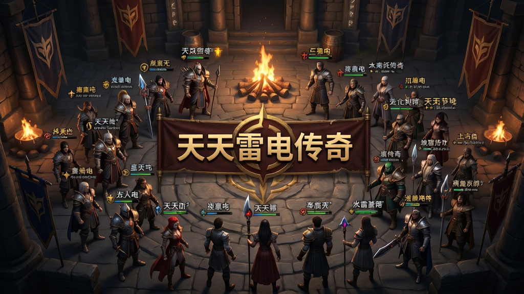 一个手机游戏行会大厅场景的AI生图,主体是众多传奇角色聚集在行会领地内,布局为俯视视角,风格为暗黑奇幻写实,细节上角色头顶有行会名称与称号,背景有篝火与旗帜,画质高清,干净,无多余元素,画面中央有“天天雷电传奇”行会战横幅。