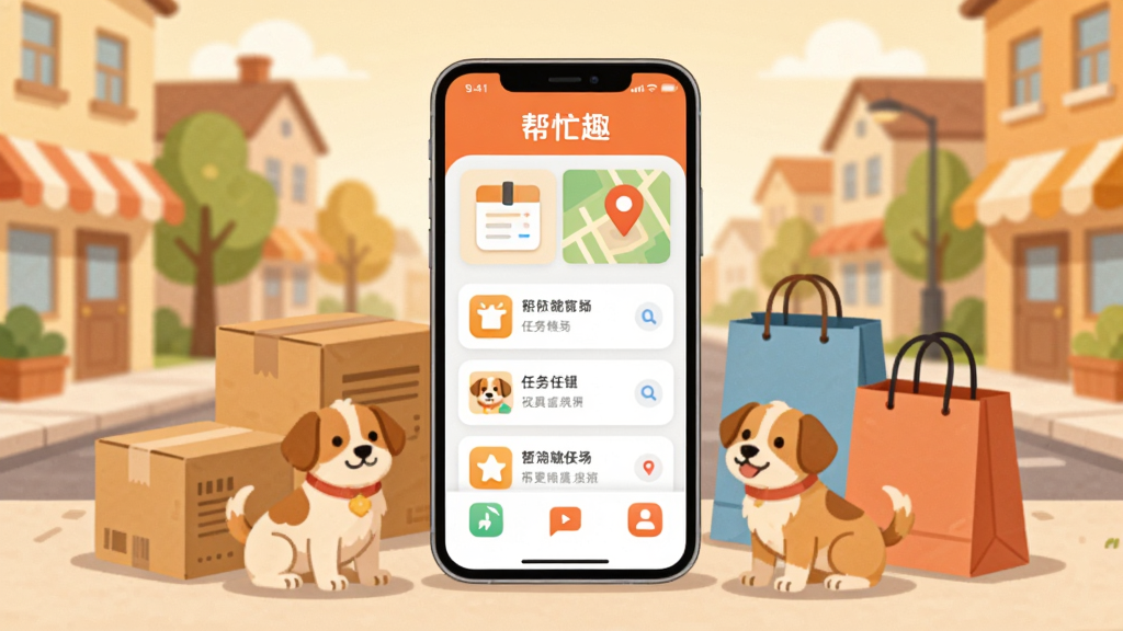 画面中央放置一部智能手机,屏幕上显示“帮忙趣”APP的首页界面,界面中有任务列表和地图定位图标,手机周围环绕着快递盒、宠物狗、购物袋等生活元素,背景是温暖的社区街道场景,整体布局采用中心对称构图,风格为扁平化插画,细节包括柔和的阴影和圆润的图标,画质清晰,干净明亮,无多余元素。