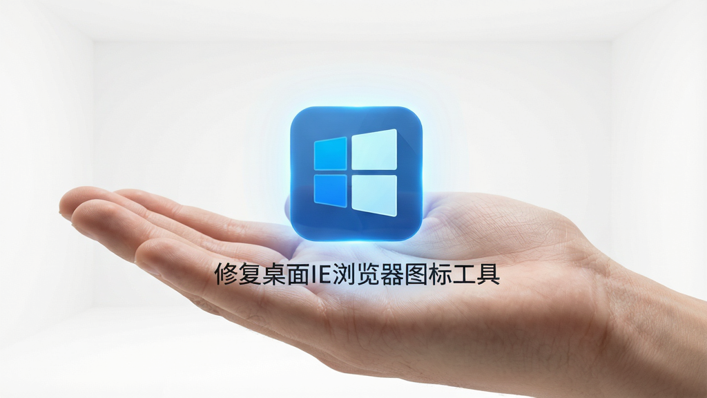 一只手掌上托着一个微型软件图标,图标发出蓝色光芒,背景是干净的白色空间,图标下方显示“修复桌面IE浏览器图标工具”文字,风格简约清新,画面干净,画质细腻无多余元素