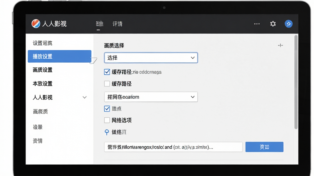 人人影视使用教程示意图,主体为电脑屏幕上显示人人影视设置界面,布局为左侧菜单栏选中“播放设置”,右侧显示画质选择、缓存路径、网络选项等,排版清晰,风格为简洁明快的工具类界面,细节包括下拉菜单、复选框、路径浏览按钮,画质高清,干净,无多余元素
