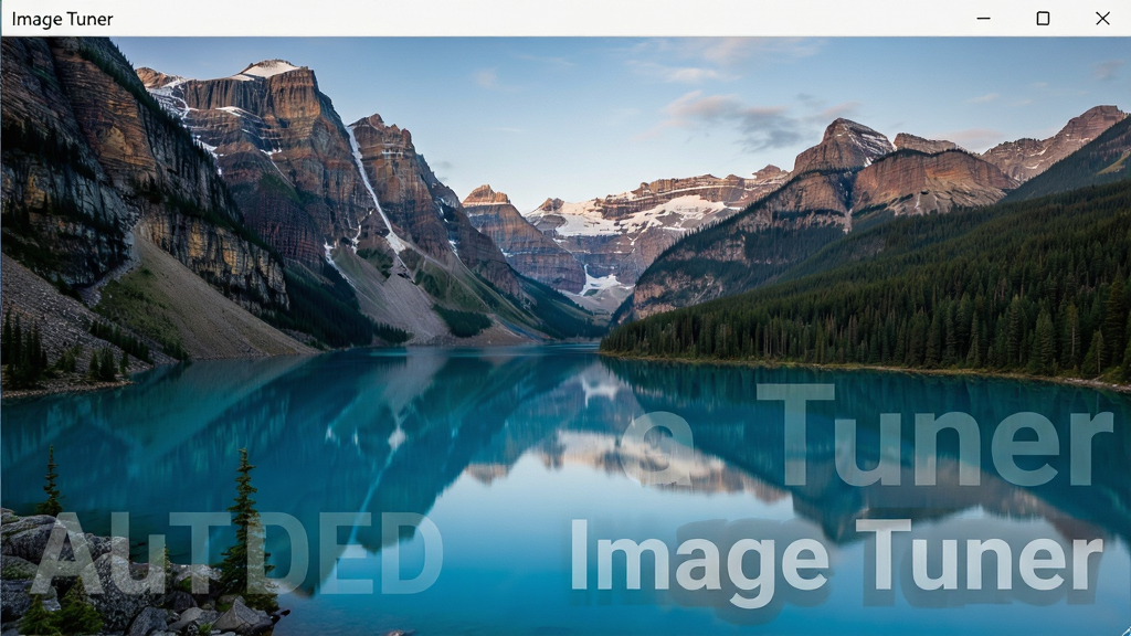一张展示 Image Tuner 添加水印功能的界面示意图,主体为一张风景照片上叠加半透明文字水印,布局为水印位于右下角,排版简洁,风格为写实照片风格,细节包括水印文字清晰、透明度自然,画质高清,干净,无多余元素