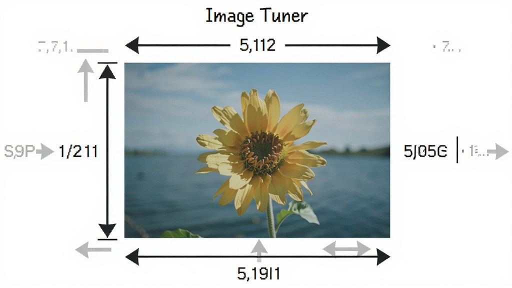 一张展示 Image Tuner 尺寸调整功能的示意图,主体为一张图片被标注宽高数值,布局为图片居中、数值标注在四周,排版清晰,风格为极简信息图风格,细节包括箭头指示调整方向,画质高清,干净,无多余元素