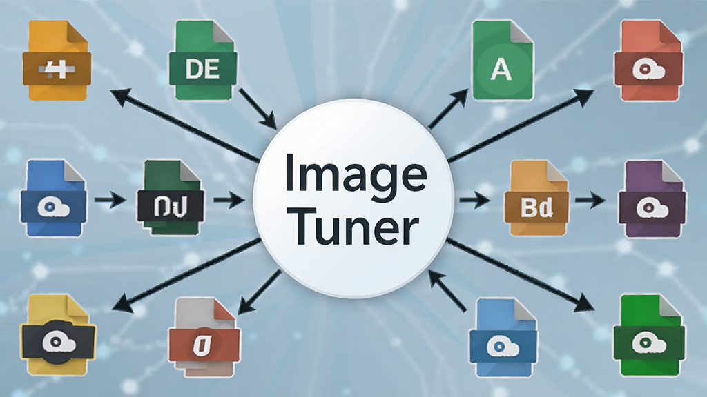 一张展示 Image Tuner 格式转换功能的示意图,主体为不同格式图标环绕软件名称