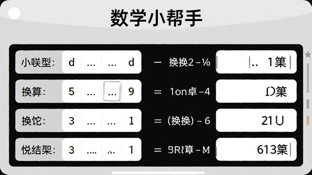 一张展示“数学小帮手”单位换算功能的图片,画面中是一个换算器界面,左侧选择单位类型,右侧输入数值并显示换算结果,背景是柔和的浅灰色,风格简约实用,画质清晰,无杂乱元素