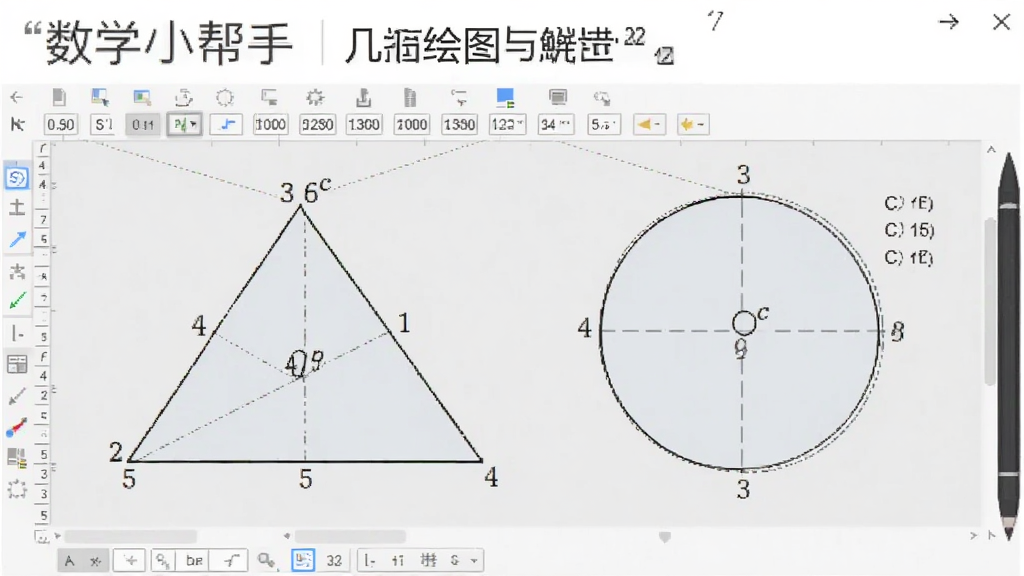 一张展示“数学小帮手”几何绘图功能的图片,画面中是一个几何画板界面,上面绘制着一个带有标注的三角形和圆形,旁边显示着角度和长度数据,背景是清爽的白色,风格简洁专业,画质清晰