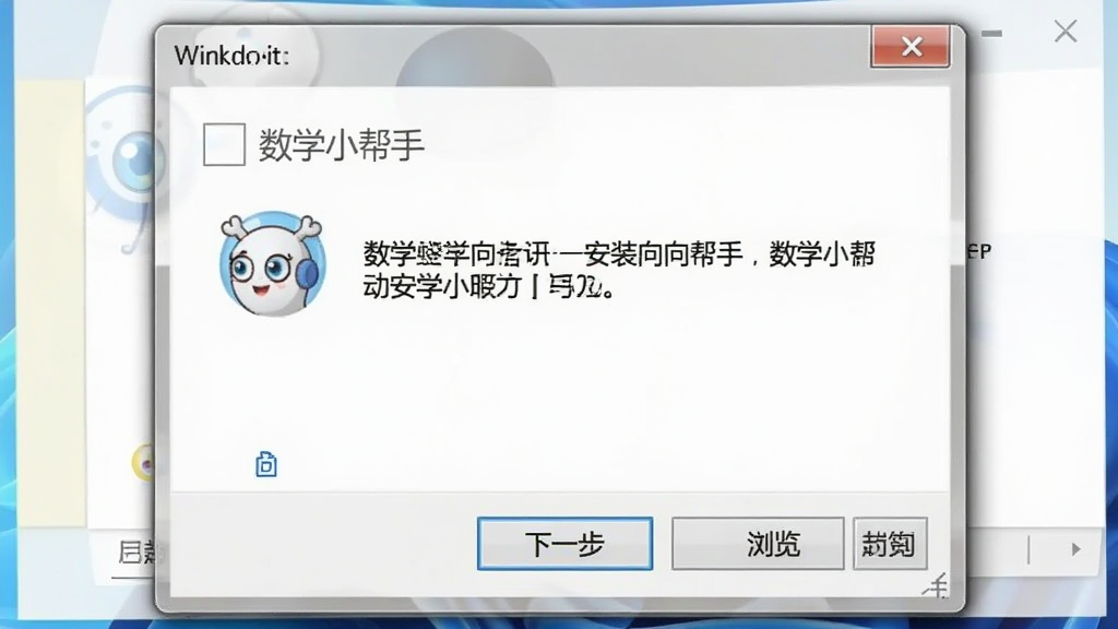 一张展示“数学小帮手”安装向导界面的图片,画面中是一个标准的Windows安装对话框,带有“下一步”和“浏览”按钮,背景是浅色的系统界面,风格简洁明了,画质清晰,无多余装饰