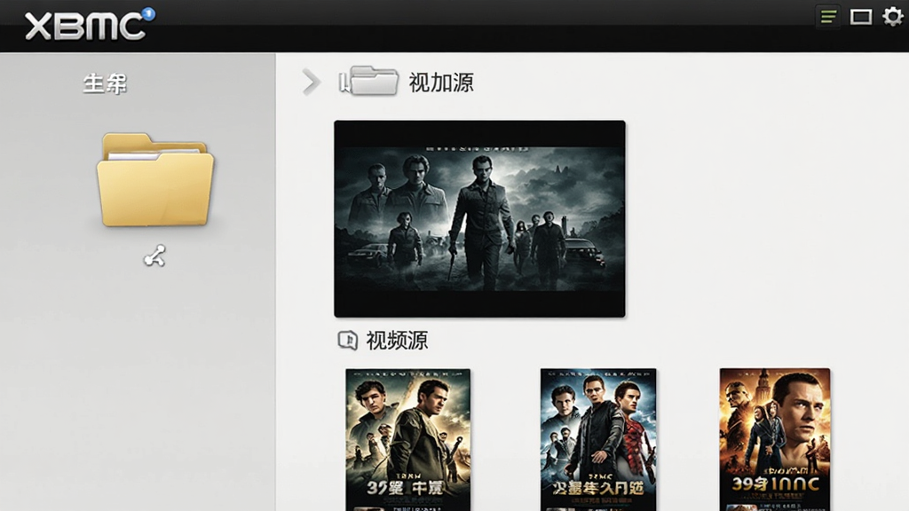 XBMC软件界面截图,展示添加视频源的操作步骤,画面中有文件夹图标和电影海报缩略图,界面为中文,带有“XBMC”标识,布局清晰,适合教程配图