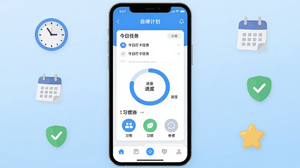 ���ɼƻ�APP������չʾ��һ�������ֻ����������ڻ������룬��Ļ��ʾ���ɼƻ�Ӧ����ҳ���������մ������б������Ȼ���ͼ��ϰ��ͼ��͵ײ�������������Ϊǳ��ɫ���䣬��Χ��׺ʱ�ӡ��������Թ������ǵ�Сͼ�꣬���岼�ּ����������ƽ��UI��Ʒ��ɫ��������Ϊ����������ͣ�����ɾ����࣬�޶���Ԫ�أ����廭�ʣ�2K�ֱ��ʣ��ʺ���������վ��ͼʹ��