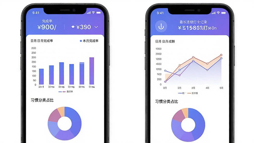 ���ɼƻ�APP����ͳ��ҳ�棬�ֻ���Ļչʾ��״ͼ������ͼ������Ϊ��������Ϊ����ʣ�ͼ���·���ϰ�߷���ռ�ȵı�ͼ��ҳ�涥����ʾ��������ʺ�������򿨼�¼��������ɫΪ����ɫ�������ݿ��ӻ���񣬽����Ű��������£������ɾ���ɫ�����廭�ʣ��ʺ���Ϊ���ܽ�����ͼ