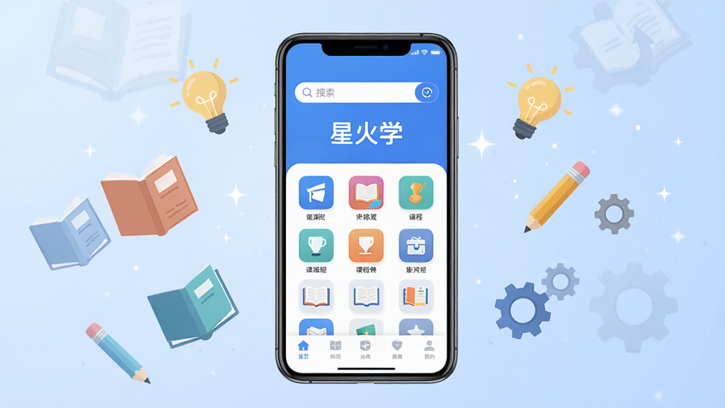 画面中央放置一部智能手机,手机屏幕上显示“星火学”应用的主界面,界面采用简洁的蓝白配色,顶部有搜索栏,中部排列着课程分类图标,底部为导航栏。手机周围环绕着漂浮的书籍、灯泡、铅笔和齿轮等象征知识与技能的扁平化图标。背景为柔和的浅蓝色渐变,点缀着细微的星光粒子。整体风格清新、现代、科技感十足,布局居中对称,画质高清,干净无多余元素,适合作为软件下载站的宣传展示图。