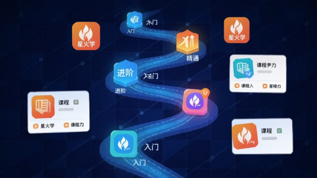 画面展示一个发光的数字学习路径图,路径从底部向顶部延伸,分为多个阶段节点,每个节点上标注着“入门”“进阶”“精通”等字样。路径两侧漂浮着“星火学”APP的图标和课程卡片。背景为深蓝色科技感网格,光线沿着路径流动。整体风格为扁平化插画,布局纵向延伸,画质清晰,干净利落,无多余装饰元素。