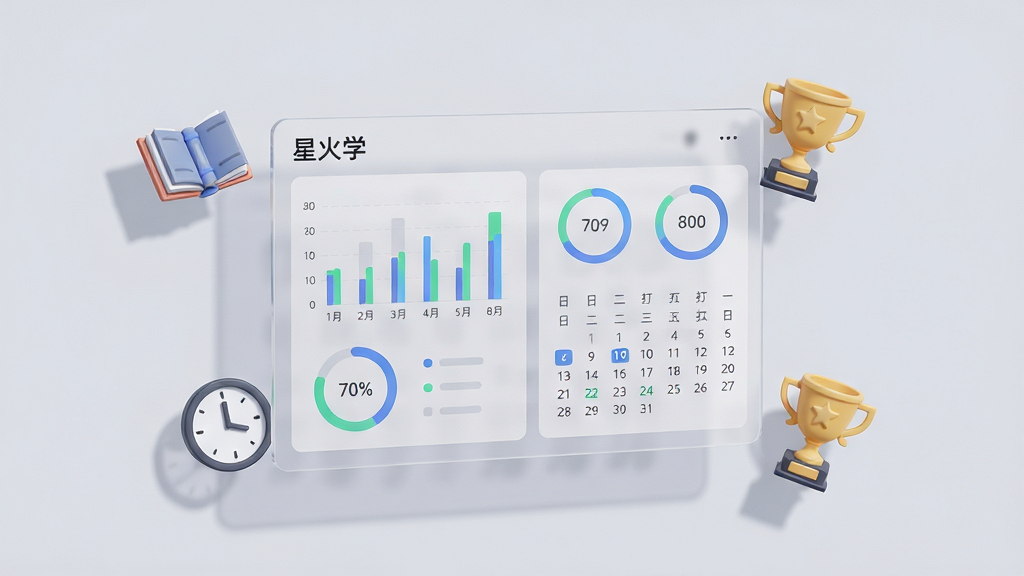 画面中央是一块悬浮的半透明数据面板,面板上显示着“星火学”的学习统计图表,包括柱状图、环形进度条和日历打卡记录。面板周围环绕着书本、时钟和奖杯的立体图标。背景为柔和的浅灰色,带有微弱的投影效果。整体风格简约商务,布局居中,画质高清,干净整洁,无多余元素。