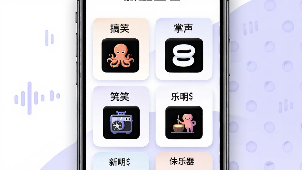 一张章鱼音效助手音效资源库的分类展示图,画面中是一个手机屏幕,屏幕上整齐排列着多个音效分类板块,包括搞笑、掌声、笑声、氛围、乐器等分类标签,每个分类下方有代表性音效图标,背景为白色与淡紫色搭配,风格清爽整洁,画质高清,无多余杂乱元素