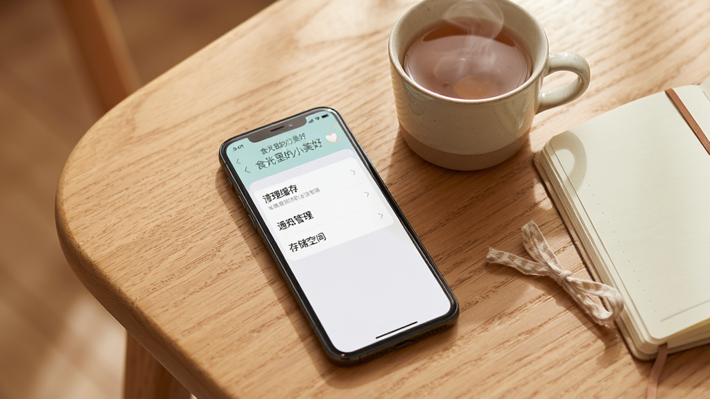 一部手机放在桌面上,屏幕显示食光里的小美好应用的设置界面,画面中有清理缓存、通知管理、存储空间等选项,旁边摆放着一杯热茶和一本笔记本,整体风格温馨简约,布局清晰,画质高清,干净无多余元素,屏幕上方有“食光里的小美好”字样