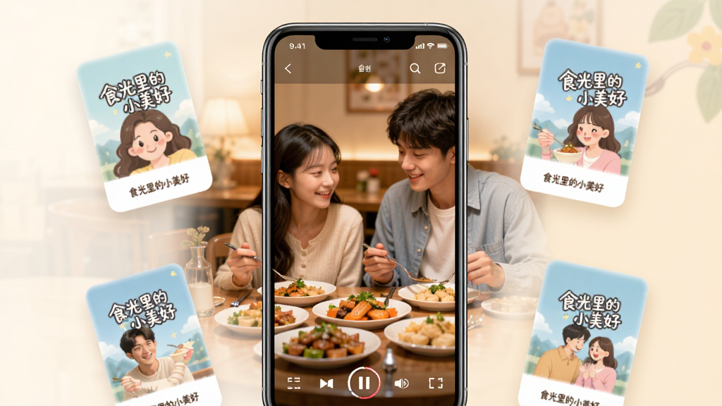 一部智能手机竖屏展示食光里的小美好短剧播放界面,画面中是一对年轻人在温馨的餐厅里共进晚餐,桌上摆满美食,背景柔和虚化,手机周围漂浮着多个短剧封面卡片,风格清新温暖,细节精致,画质高清,干净无多余元素,画面中带有“食光里的小美好”文字
