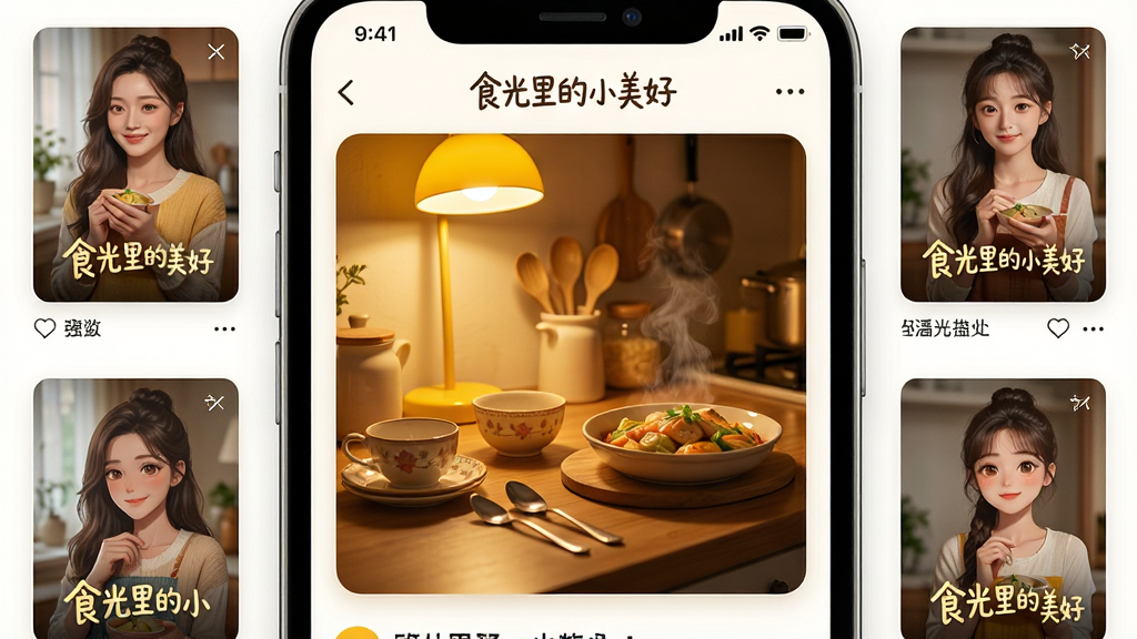 一张手机屏幕展示食光里的小美好应用主界面,画面中央是温馨的厨房场景,暖黄色灯光下摆放着精致的餐具和热气腾腾的食物,界面四周环绕着短剧封面缩略图,整体布局清晰有序,风格温暖治愈,细节丰富,画质高清,画面干净,无多余元素,屏幕上方显示“食光里的小美好”字样