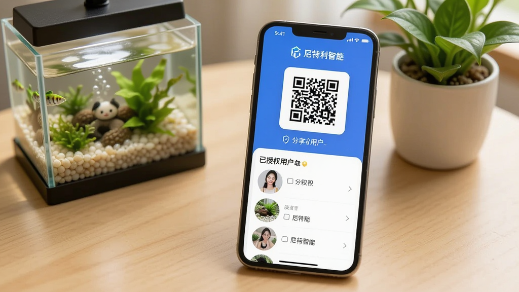 ���������ǡ����������ܡ�APP���豸�������棬��Ļ����ʾ������ά�������Ȩ�û��б����������С����������ܡ��������ֻ�������ǳɫ�����ϣ��Ա���С����׺���ֲ����������ܰ��Ȼ���Ű����࣬�����������޶���Ԫ�أ��ʺ���������չʾ��