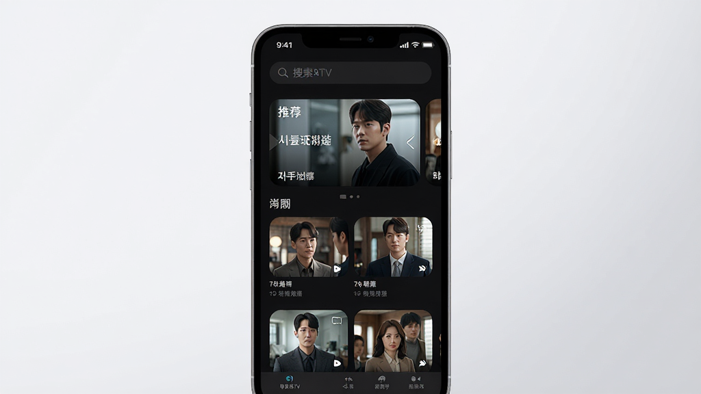 韩剧TV极简版主界面展示,主体为一部智能手机屏幕,屏幕中呈现韩剧TV极简版应用首页,布局包含顶部搜索栏、中部轮播推荐位、下方剧集列表缩略图,排版整洁有序,风格为现代简约科技风,细节上体现深色模式界面、圆角图标、高清剧照,画质清晰干净,无多余元素,背景为浅灰色渐变,整体画面明亮舒适